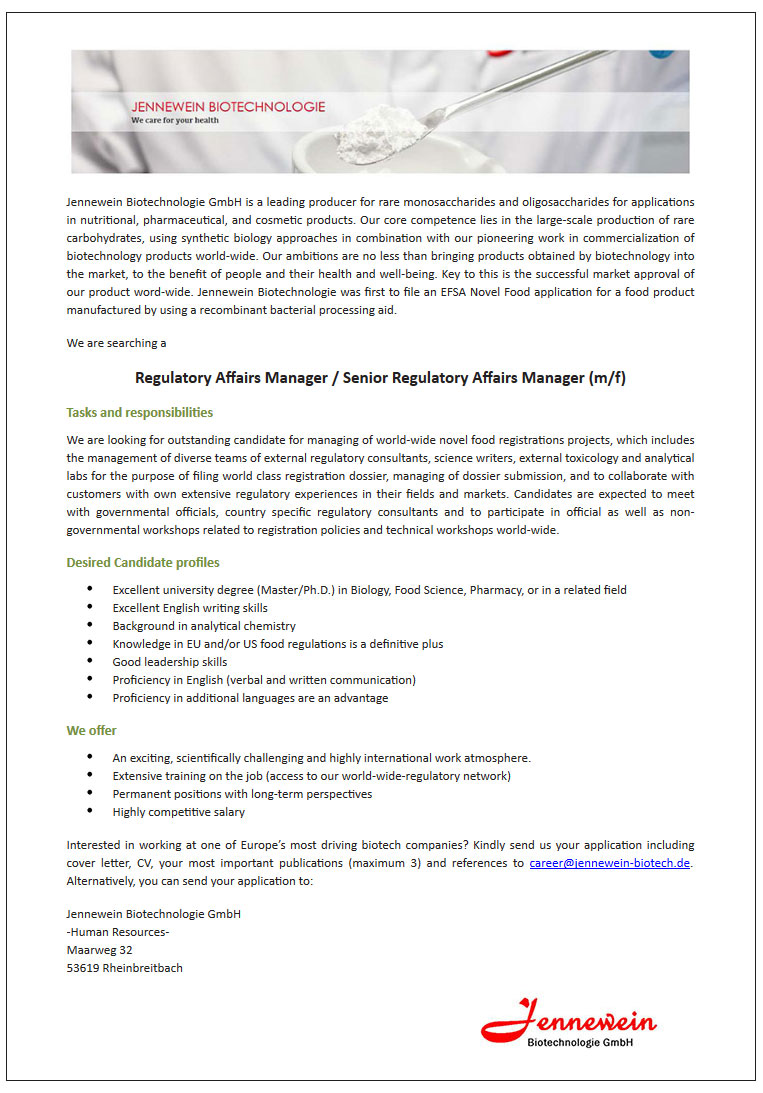 jennewein biotechnologie gmbh regulatory affairs manager regulatory affairs cover letter