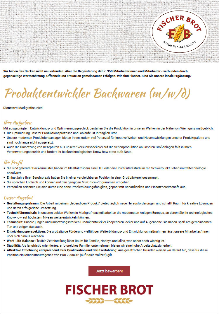 Vacature Produktentwickler Backwaren M W D