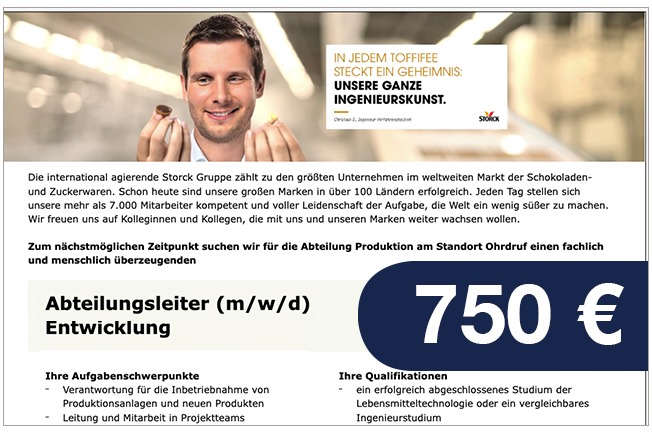 Preis für eine individuelle Anzeige auf foodjobs: 750 Euro. Preis für eine individuelle Anzeige auf foodjobs: 750 Euro.