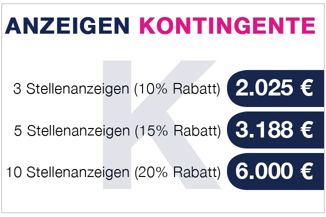 Anzeigen-Kontingente buchen und sparen. 3 Stellenanzeigen: 2025 Euro, 5 Stellenanzeigen: 3188 Euro, 10 Stellenanzeigen: 6000 Euro. Anzeigen-Kontingente buchen und sparen. 3 Stellenanzeigen: 2025 Euro, 5 Stellenanzeigen: 3188 Euro, 10 Stellenanzeigen: 6000 Euro.