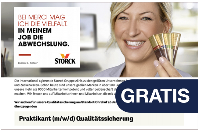 Die Schaltung einer Praktikantenstelle ist gratis auf foodjobs.